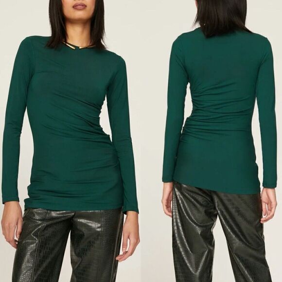 MARINA MOSCONE Collective Top Womens XS Green Ruched Long Sleeve Pull On - Picture 1 of 12